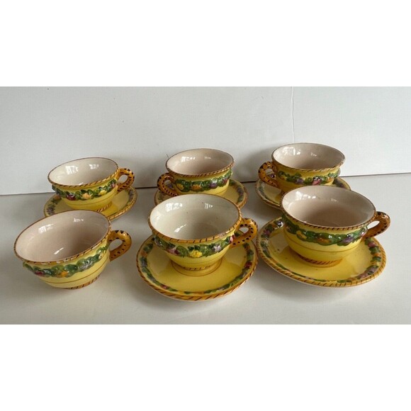 Vtg BITOSSI Italy Della Robbia Coffee Set Cups Saucers Sugar Hand Painted Yellow - Picture 10 of 16